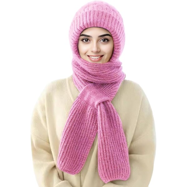 Beaniehatt med Integrerat Öron- och Vindskydd, Elastisk Stickad Tjock Varm Sammansatt Vinter Pink