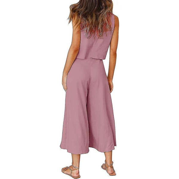 Roylamp Sommer-outfits til kvinder i 2 dele Rundhalset Crop Basic Top Beskåret Bukser med brede ben, Jumpsuits Cherry Pink Small