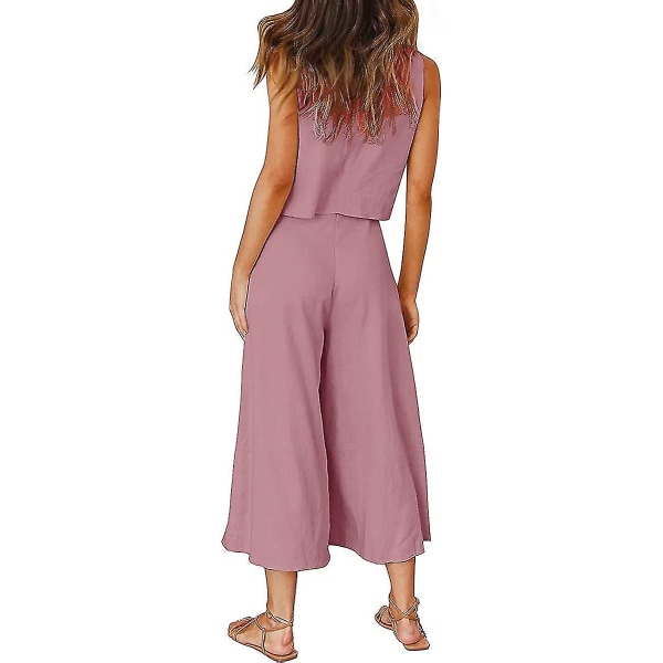 Roylamp sommerantrekk for kvinner i 2 deler Rundhalset Crop Basic Topp Beskåret buksesett med brede ben, Jumpsuits Cherry Pink Medium