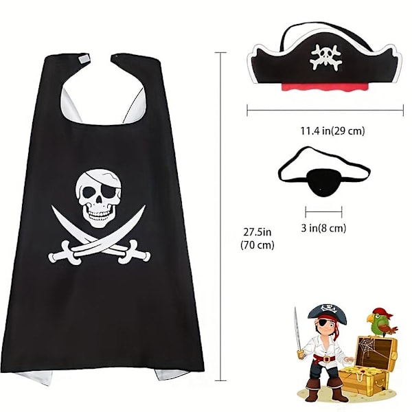 Barnekostyme med piratkappe, kappe med skjelett, hatt og øyelapp for festkostyme 2
