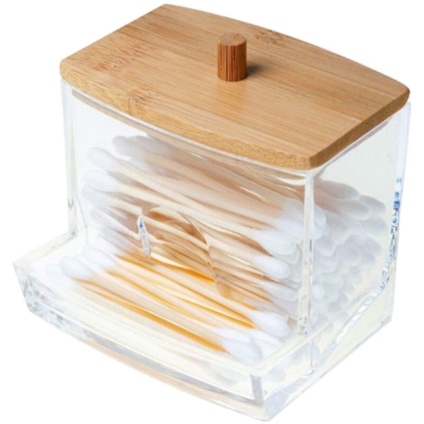 Forbedret kvalitet Akryl vatpinde Opbevaringsholder Badeværelsesbeholder Apotekskrukke Qtip Holder til opbevaring Bambus låg 1 stk, Model: Transparent