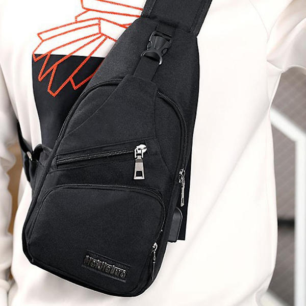 Miesten vedenpitävä kevyt olkalaukku, rintapussi, crossbody-päiväreppu USB-latausportilla päivittäiseen käyttöön, matkustamiseen ja vaellukseen Black