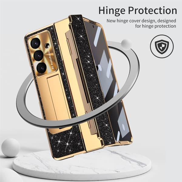 Etui til Samsung Z Fold 7, med støtteben, hengselbeskyttelse, strassglitter Silver