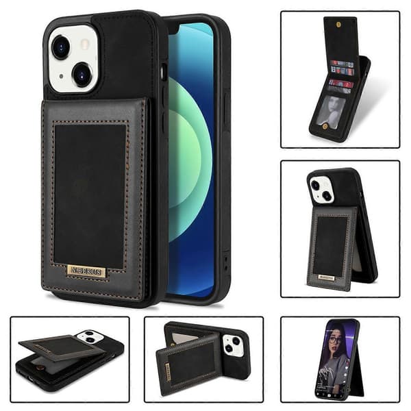 För iPhone 14 Plus N.BEKUS Vertikalt Flip Kortplats RFID Telefonfodral Black