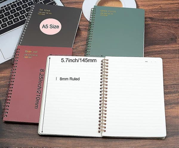A5 Spiralnotesbog 4-pak, Tyk Plastik Hardcover med 8mm Linjer 80 Ark Studienoter