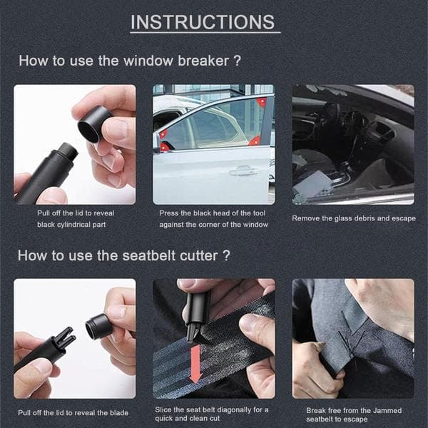 Bilsikkerhetshammer Vindusglassknuser og Sikkerhetsbeltekutter Nødutgangsverktøy 2023 (2 * Svart)