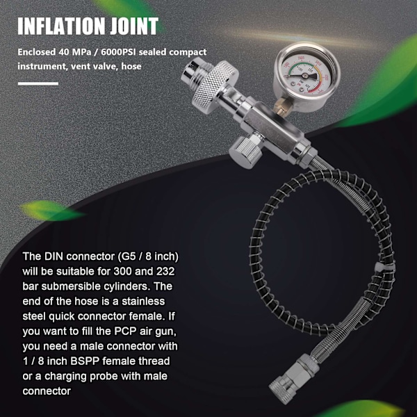 PCP-fyllestasjonsadapter for dykkesylindere med G5/8-tommers DIN-adapter og 50 cm slange