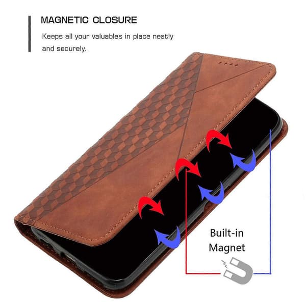 Diamantmönstrad skarvning hudkänsla magnetiskt telefonfodral för iPhone 14 Plus Brown