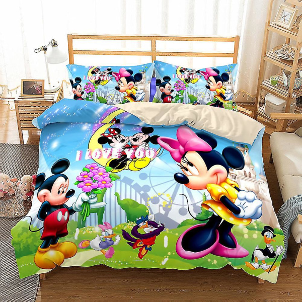 Mm01 tegneserie Mickey Minnie 3d-printet sengesæt Dynebetræk Dynebetræk Pudebetræk Julegave til børn UK SINGLE 135x200cm