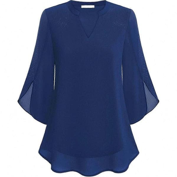 Dame Flæsebluser Afslappet V-hals Dobbeltlag Chiffon 3/4 Ærmer Toppe Sort Black M