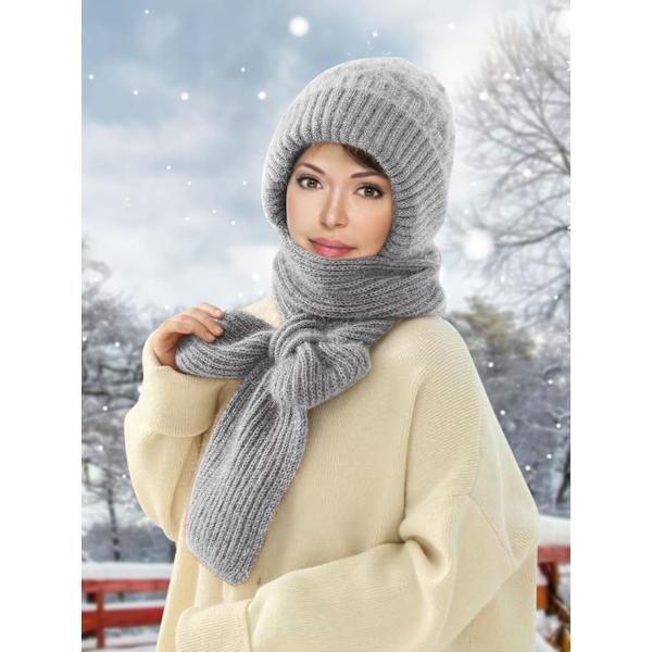 Beaniehatt med Integrerat Öron- och Vindskydd, Elastisk Stickad Tjock Varm Sammansatt Vinter Grey