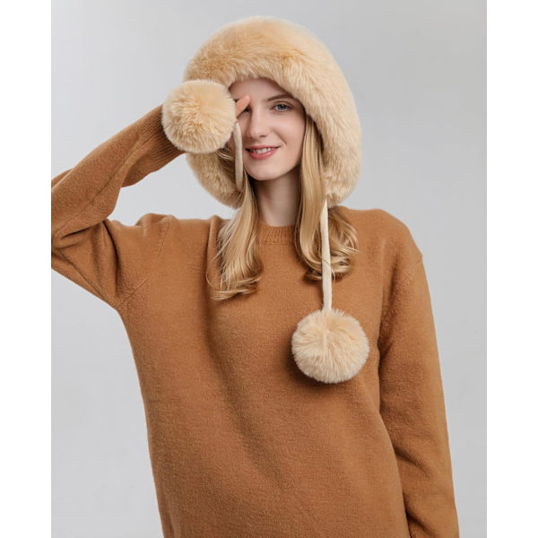 Dam vinter Peruvian öronbeklädnad Beanie Hat Öronklaffar Sherpa Skidmössa Stickad Fleecefodrad 3 Pom Beige Solid One Size