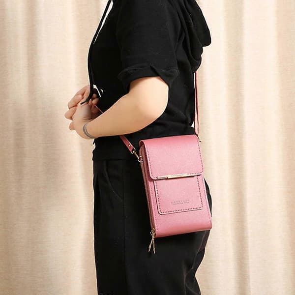 18 cm Dam Touch Screen Crossbody Väska PU Läder Telefon Plånbok Kortfack Multi-Ficka Axelväskor Handväskor Dark Pink