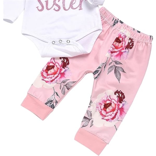Baby jente klessett Nyfødt antrekk Lillesøster Romper Topp og rose trykt bukse og pannebånd 3 deler 0-3 months Pink