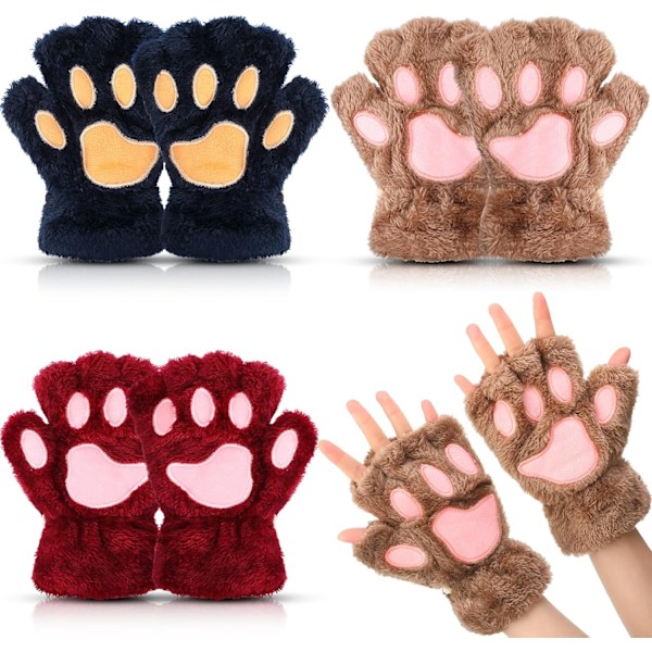 Kattenslabberhansker 3 par hansker Kattenslabber Cosplay Kunstig pels Plussj Kattenslabber Fingerløse hansker for jenter Kvinner