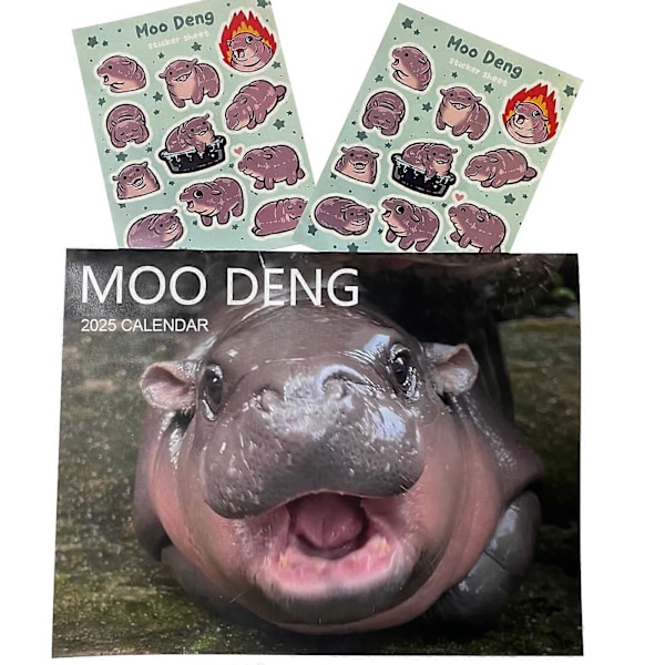 Morsom Moo Deng Flodhest Kalender 2025, Moo Deng Dvergflodhest Hengende Månedlig Veggkalender Rask