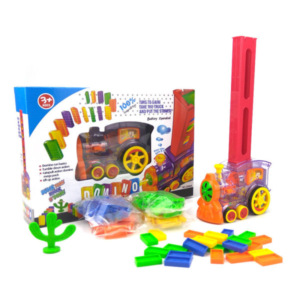 Automatisk Domino-togmodel med lys, Domino-stablelegetøj, stablespil, kreativ gave til 3, 4, 5 og 6-årige drenge og piger.
