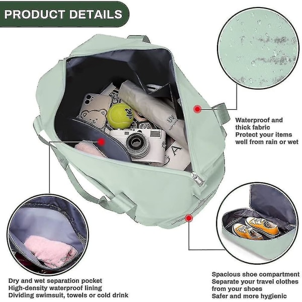 Weekendväska för kvinnor, 36l stor resväska, torr och våt separerad övernattningsväska, vattentät gymväska, hopfällbar handbagageväska green
