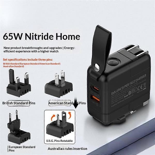 LDNIO Q2618 65W GaN Hurtigoplader Udskiftelige Stik USB-C PD Hurtigladestation til Bærbar iPhone Android Black