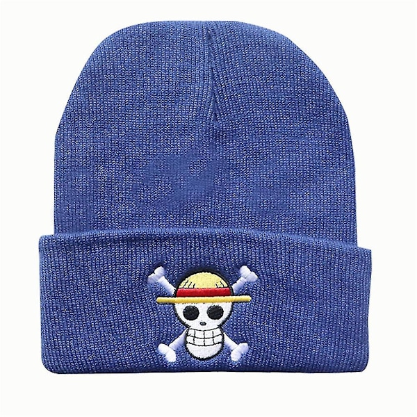 One Piece Tema Pirat Monkey D.luffy Mönster Varm Stickad Mössor Mössa För Män Kvinnor Unisex Vinter Manschett Mössa Mjuk Mössor Mössa Blue