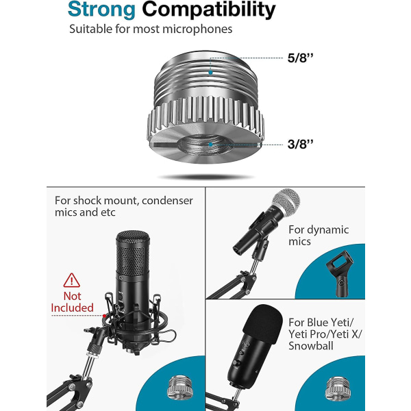 Mikrofonarm, uppgraderad mikrofonarm Mikrofonstativ Boom Suspension Stand med 3/8" till 5/8" skruvadapterklämma för Blue Yeti Snowball, Hyperx Quadcast,