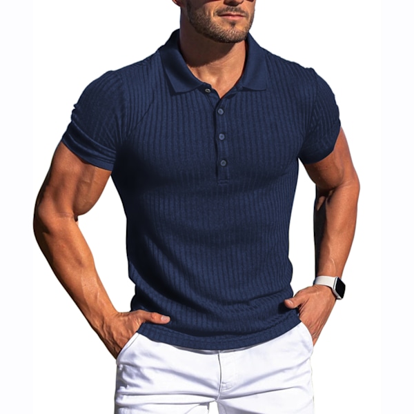 Herre sommer sports fitness fritid elastisk revers lodret stribet kortærmet POLO skjorte mænd Dark blue XL