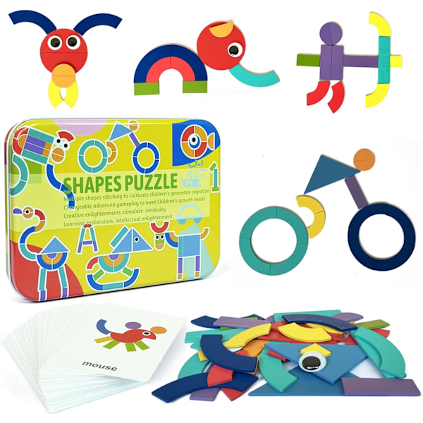 Tangram til børn, træpuslespil legetøj Montessori dyrepuslespil, pædagogiske farvelæringsspil fødselsdagsgaver til drenge og piger (Typ-1) Type-3