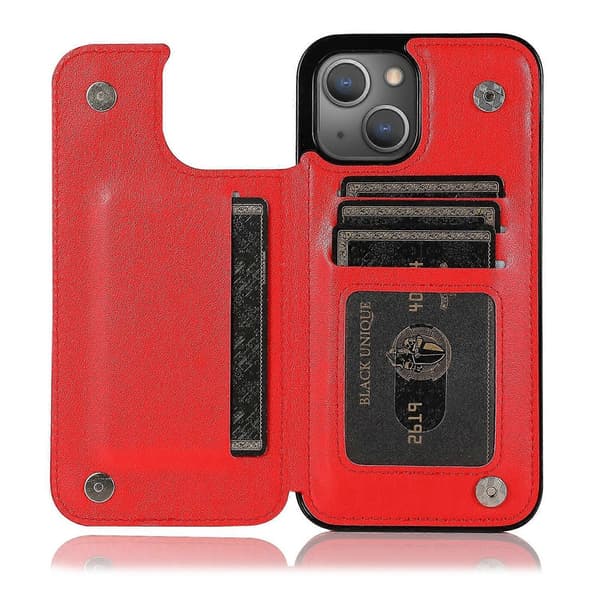 For iPhone 14 Plus Sommerfugle Blomster Dobbelt Spænde Etui Red
