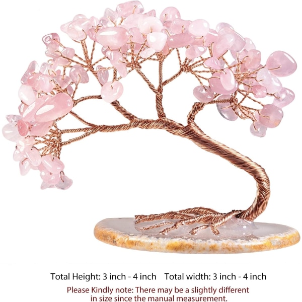 Rose Quartz Crystal Money Tree FengShui Bonsai Tree Figurer med Agat Skiver Base, Crystal Tree Home Office Ornament 3-4 tommer høj 1-pink