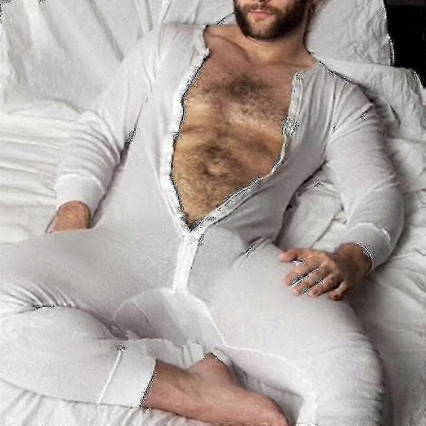 Pyjamas för män, långärmad, i ett stycke, nattkläder, myskläder, termiska underkläder, underställ White 2XL