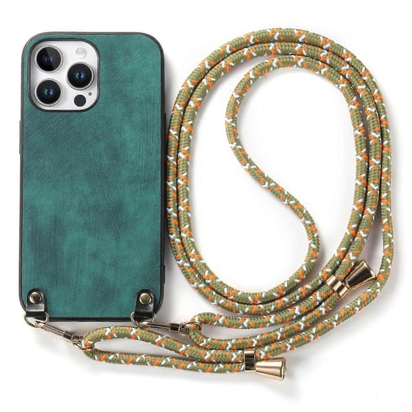 Retro læder telefonbagside til iPhone 16 Pro med justerbar rem Green