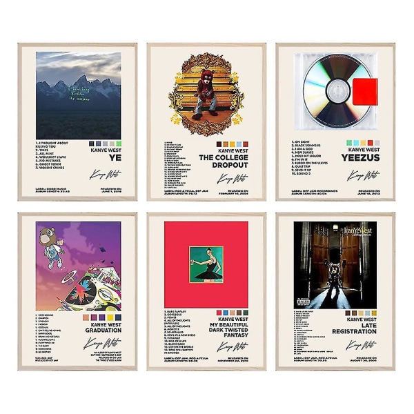6 stk/sett Kanye West Albumomslagsplakater Rapper Musikkplakater Veggkunst Rom Estetisk Hjemdekorasjon Gaver Uinnrammet