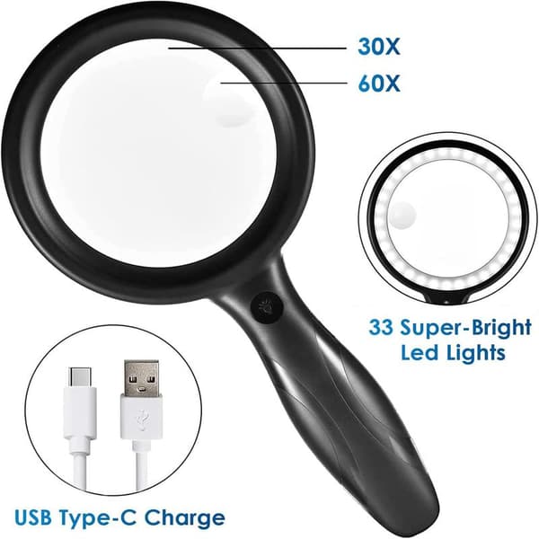Reading Magnifier, 60X 30X 33LED Magnifying Glass with Light, USB Rechargeable LED Magnifier, 3 Light Modes, Illuminated Magnifier for