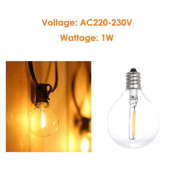 AC220-230V 1W G40 Ersättningslampor 3Pack E12 Skruvbas Glasklotlampor för String Light Inomhus Utomhus Uteplats Inredning Varm Vit AC220-230V 1W