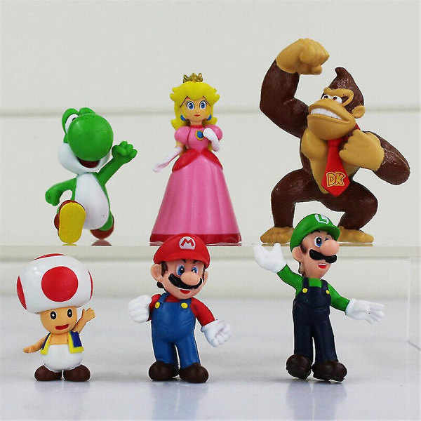 6 stk/sett Lekemodeller Super Mario Bros Toys Figur Barn Bursdagskake Topper Samling Modelldekorasjon