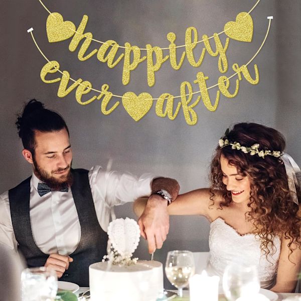 Happily Ever After -hopeaglitteri-lippukoriste, Kihlat, Morsiussuihku, Hääjuhlat, Valokuvauskoppi, Ennakkoon punottu käsin kirjoitettu lippukoriste