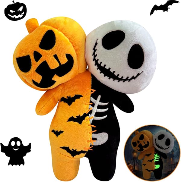 Halloween Plyslegetøj - Lysende Græskarskelet - 2 i 1 Dukker - Blød Pudepynt
