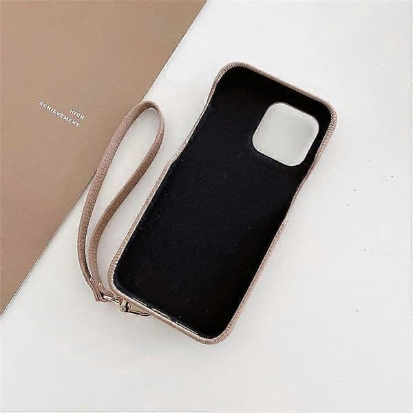 For iPhone 16 Pro Max Deksel Multifunksjonelle Kortspor Lær Bakdeksel med Håndleddsstropp Light Brown