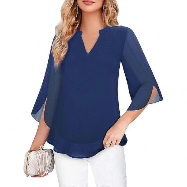 Dame Flæsebluser Afslappet V-hals Dobbeltlag Chiffon 3/4 Ærmer Toppe Sort Blue XL