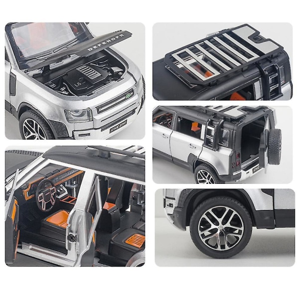 Diecast Car 1/24 Skala zinklegering Pull Back Fordon Land Rover Defender modell billeksak