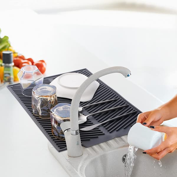 Grey Dish Drying Mat for Kitchen Counter, Large Silicone Dish Drying Mat, Easy Clean Non-Slip Heat Resistant Sink Mat, Foldable Dish Drying Rack Mat