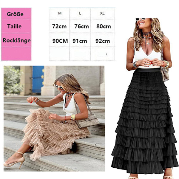 Kvinders Maxi Nederdel Sommer Elastisk Høj Talje A-Linje Casual Kjole Mode Mesh Kage Nederdel Sommer Nederdel Lang Puffy Plisseret Nederdele (M)