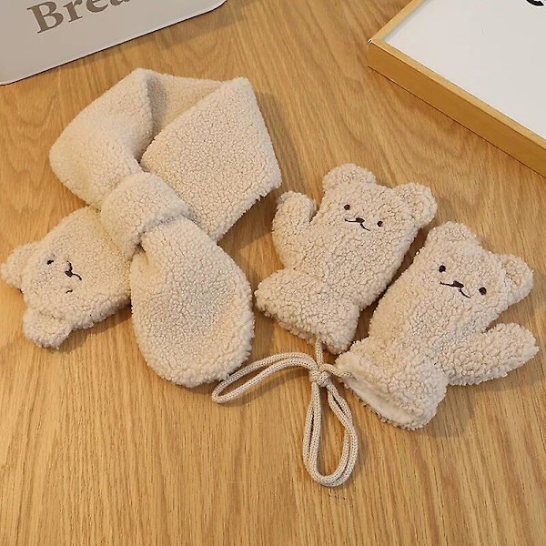 Höst- och vinterkostym för pojke och flicka, baby, tecknad björnscarf, barn, enfärgad, söt, plussammet, varm handske, barnmode, avslappnad vantar white glove