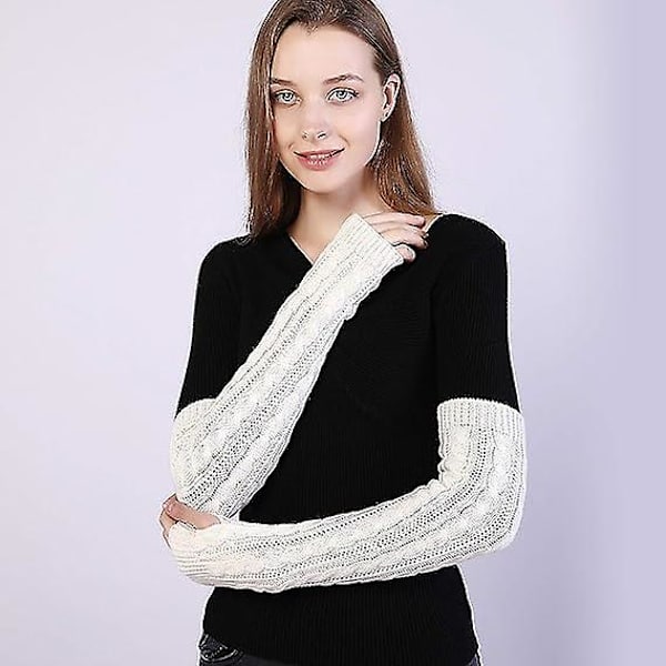 Dam vinter varma över armbåge långa fingerlösa tumhål handskar fingerhandskar stickade varma armskydd, 50 cm