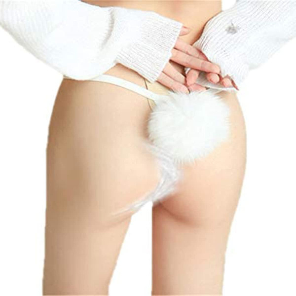 Kaise Dam Thong Pantie Söt Kanin Svans Låg Midja G-string Pälsboll Solid Bikini T-back Cosplay Festdräkt Present Blakc White