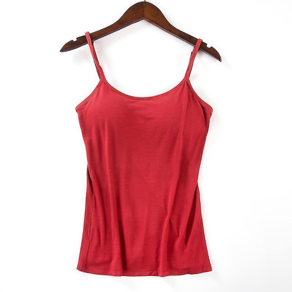 Dame Polstret Myk Casual BH Tank Top Dame Spaghetti Cami Topp Vest Dame Camisole med innebygd BH Red L