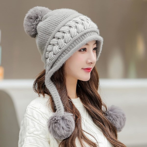 Dam vinter Peruvian öronbeklädnad Beanie Hat Öronklaffar Sherpa Skidmössa Stickad Fleecefodrad 3 Pom Grey One Size
