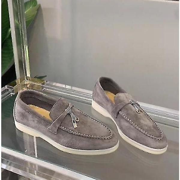 Sommer Walk Shoes Dame Loafers Semsket Skinn Causal Moccasin Lock Beanie Sko Komfortabel myk såle Flate sko Plus Size Gray 43