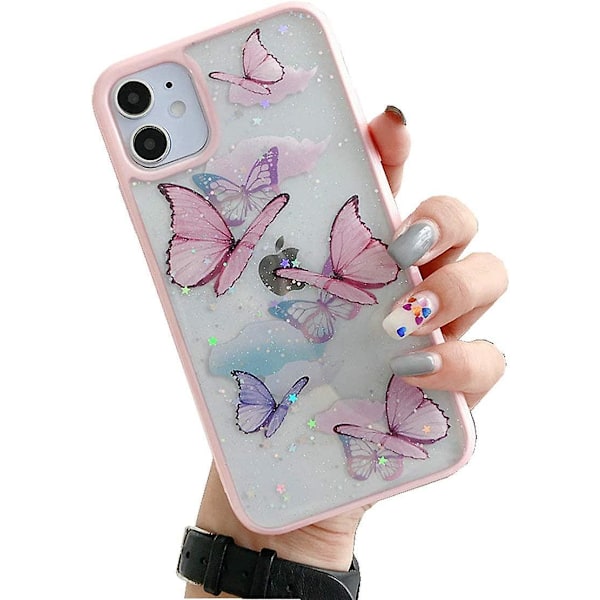 iPhone 11 Fjärilsfodral, Shinymore Söt Fjäril Glitter Stötsäker Mjuk Silikon Transparent Tjej Kvinna Omslag Fodral för iPhone 11 Rosa