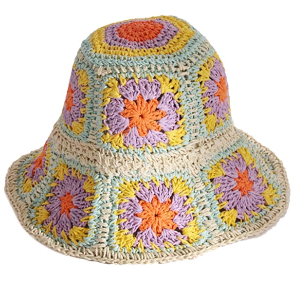 Handstickad Boho Hollow Out Hat Bucket Hat Blommafärg Matchande Fiskarmössa Floral color matchin